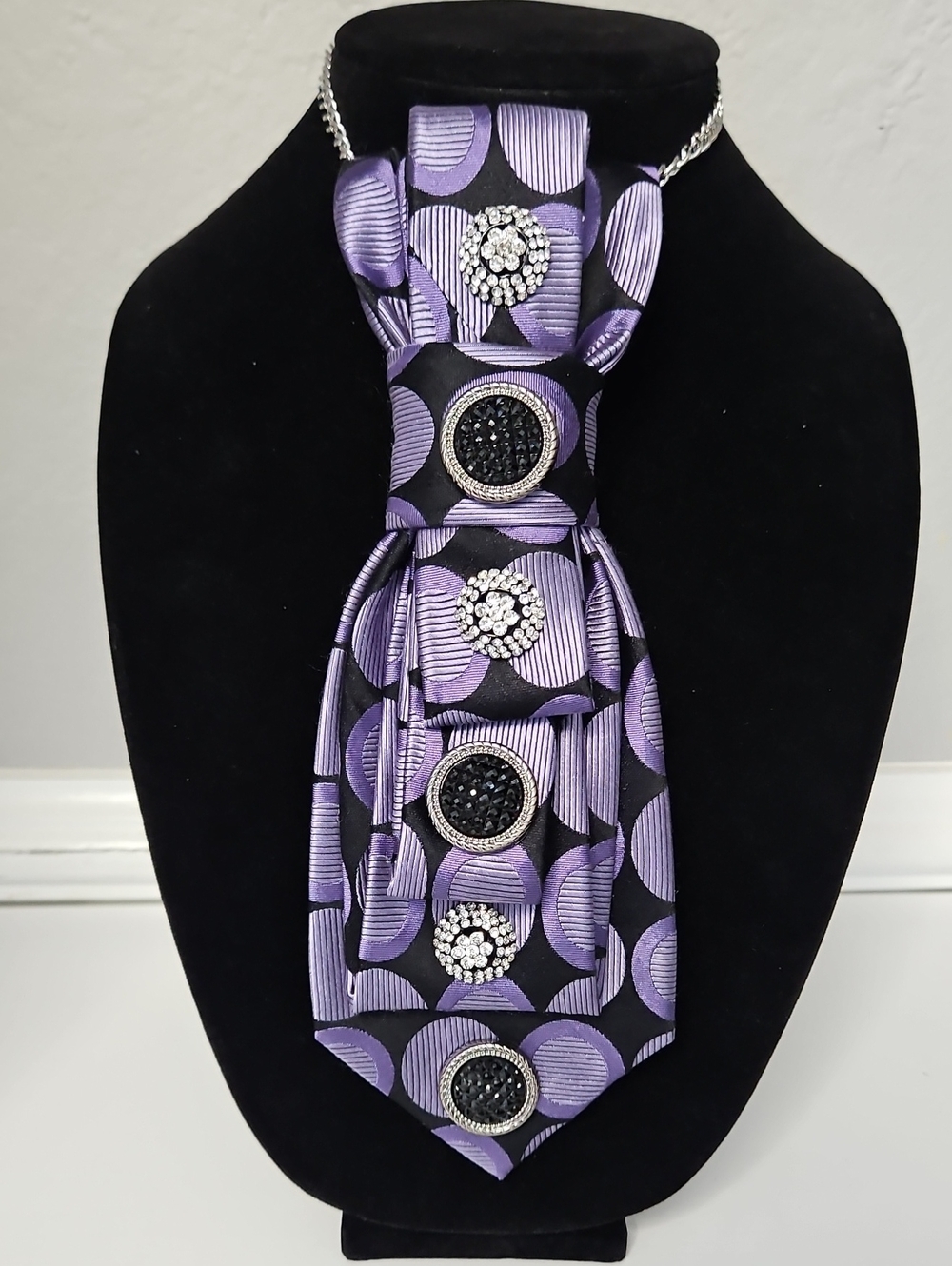 Upcycled Purple and Black Polka Dot Necktie Necklace with Rhinestone Buttons